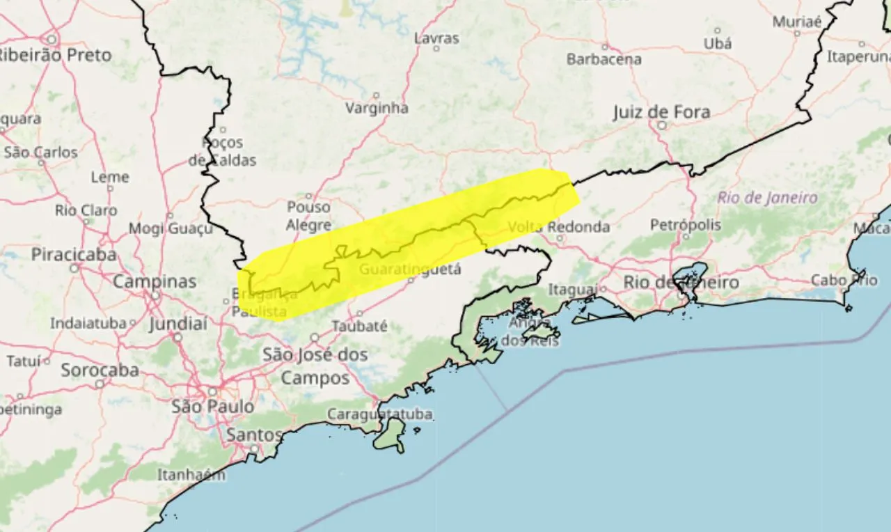 o mapa mostra &agrave;s &aacute;reas em alerta para temporais no sudeste